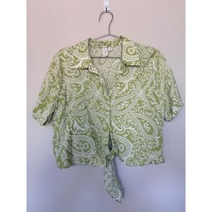 Joie Green White Paisley Tie Front Crop Blouse Short Sleeve Button Up Top Large